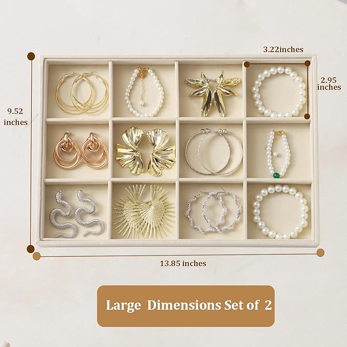 Large Velvet Jewelry Tray 2 Pack Stackable Jewelry Display Drawer Inserts Trays Organizer for Earring Bracelet Necklace Ring (Beige, 12 Grids)