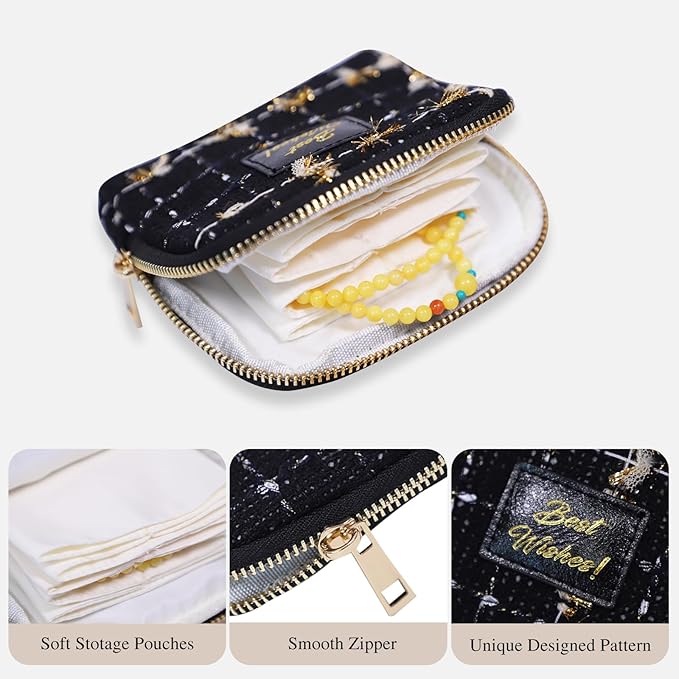 Stratalife Travel Jewelry Case Portable Jewelry Box with Small Pouches for Gemstones Healing Crystal, Bracelets Necklace Bangles Storage, Ring Holder for Women, Quilted Black