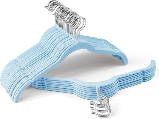 Sishynio 30 Pack Velvet Hangers – Premium Non-Slip Slim Clothes Hangers with 360° Swivel Hook, Space-Saving Flocked Shirt Hangers for Coats, Dresses, Blouses, Suits(Blue)