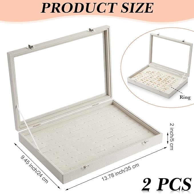 Yinkin 2 Pcs 100 Slots Ring Organizer Box with Transparent Glass Lid Necklace Display Tray Ring Case Velvet Jewelry Holder