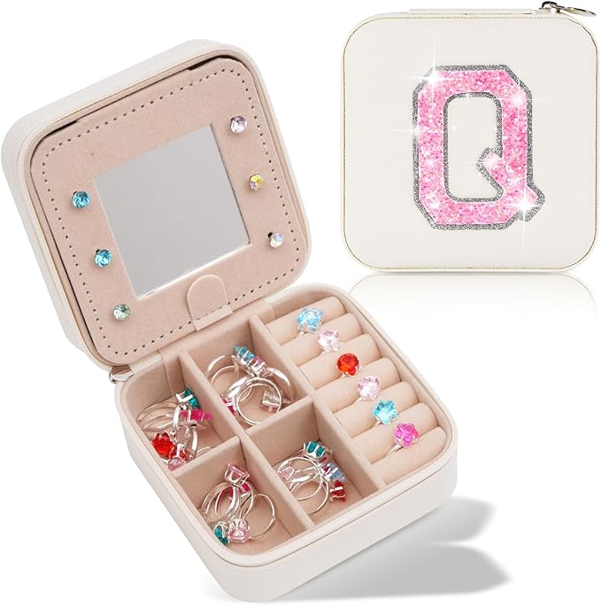 Uygafly Personalized Jewelry Case for Women Girls - Fashion Mini Jewelry Boxes - Trendy Travel Jewelry Organizer with Initials Letter - Teen Gifts | Cream,Q