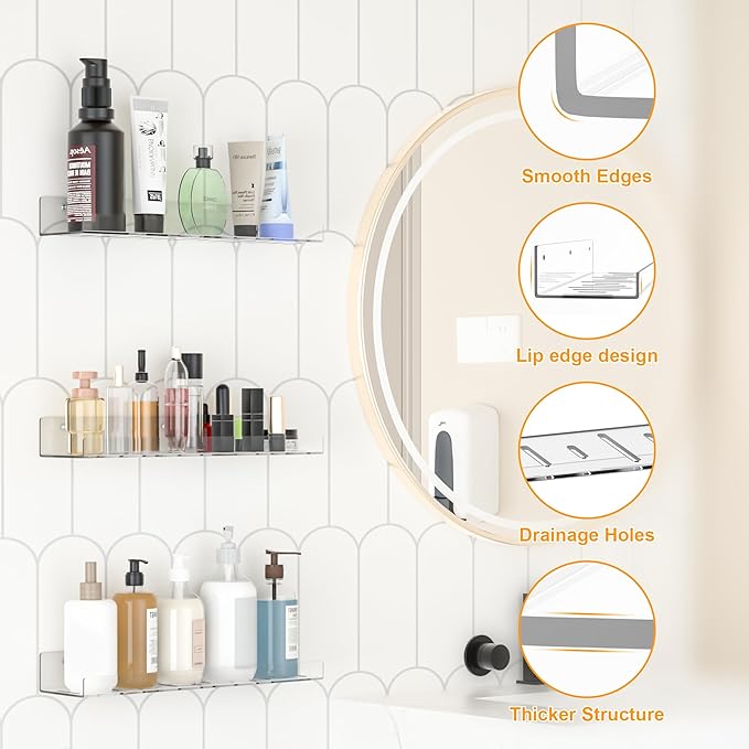 LAZYROSY 12 Pack Floating Shelves - Clear Acrylic/PET Wall Mounted Non-Drilling Storage Rack with Adhesive, Invisible Bathroom and Bedroom Shelves for Kitchen, Living Room, Clear Decoration