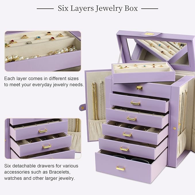 AKOZLIN Large Jewelry Box Organizer Functional with Big Mirror, Leather Jewelry Storage Case for Women Girls Ring Necklace Earring Bracelet Holder Organizer Violet