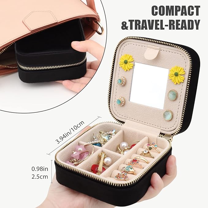 DesignSter Travel Jewelry Box - Velvet Jewelry Organizer, Small Jewelry Case, Jewelry Storage Box for Rings Earrings Necklace (Square, Black)