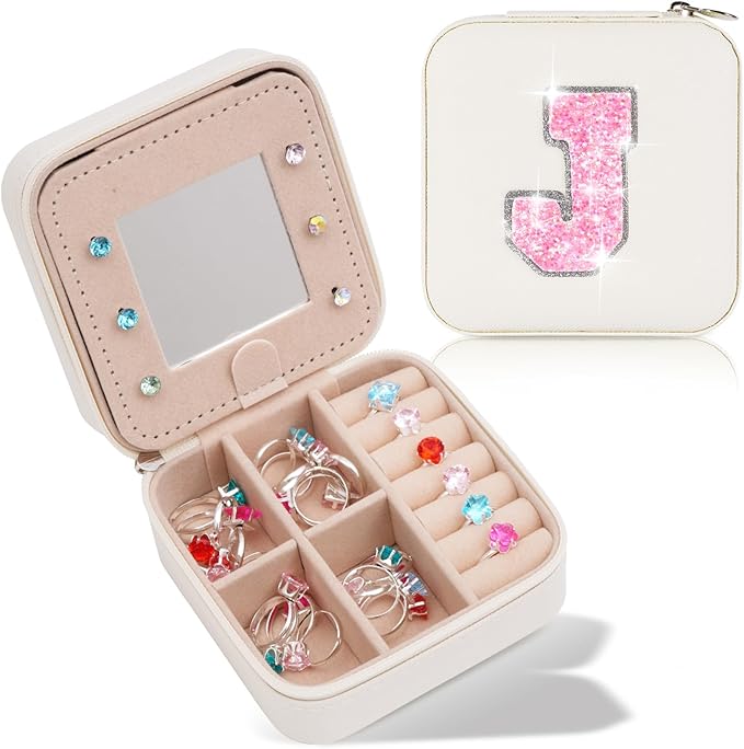 Uygafly Travel Jewelry Case - Personalized Jewelry Box for Women,Small Jewelry Organizer Cute Jewelry Organizers and Storage Aesthetic,Travel Essentials Birthday Gifts for Girls Women | Cream,J