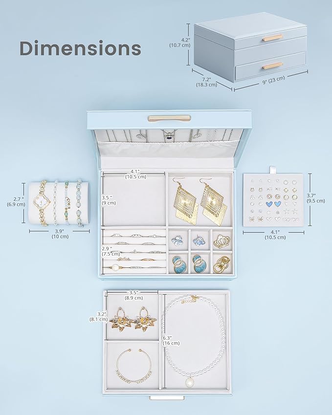 Lolalet 2-Layer Jewelry Box Organizer for Women Girls, Jewelry Storage Case Holder with Drawers for Necklaces Ring Earrings Bracelet Watch, Gifts Choice for Mom Mother’s Day -Blue
