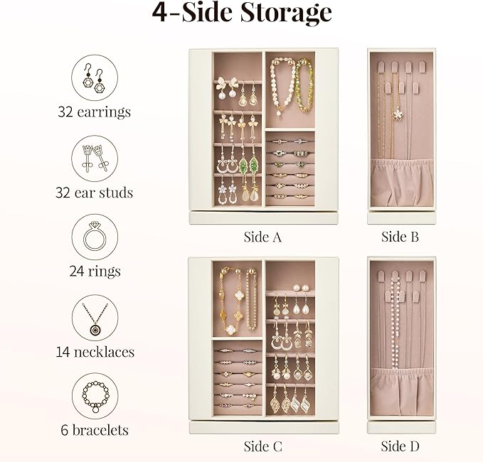 Jewelry Box Organizer for Women: 360 Rotating Vertical Storage Case, Ivory Leather with Pink Velvet, Ring Necklace Bracelet Holder, Gift Decor, 10 x 8.7 x 3.9 in
