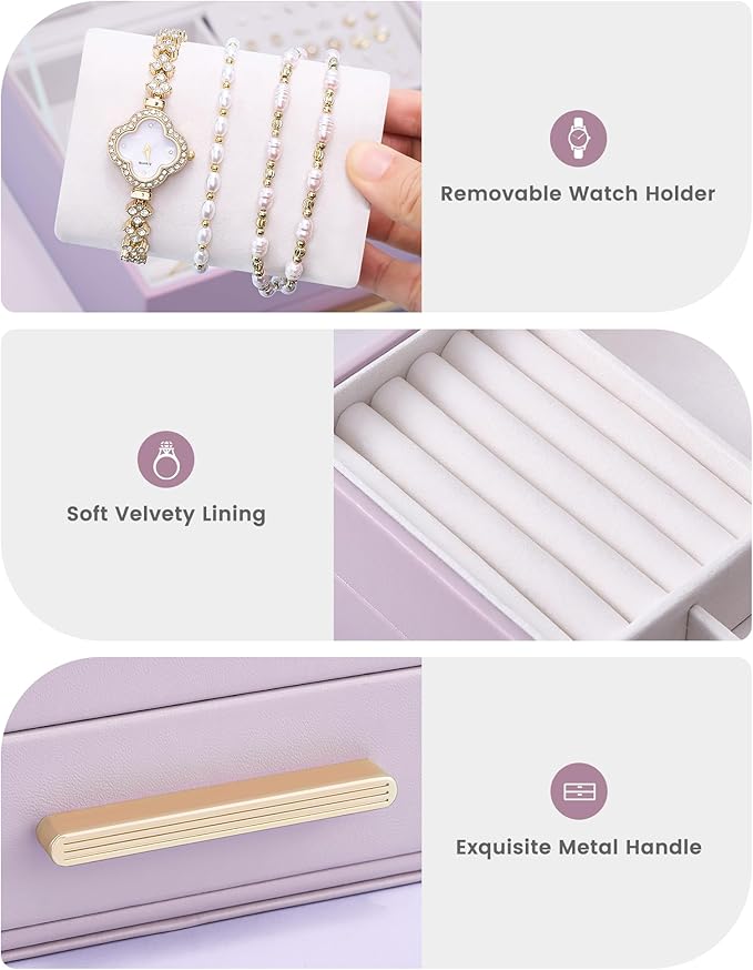 Lolalet 2-Layer Jewelry Box Organizer for Women Girls, Jewelry Storage Case Holder with Drawers for Necklaces Ring Earrings Bracelet Watch, Gifts Choice for Mom Mother’s Day -Purple