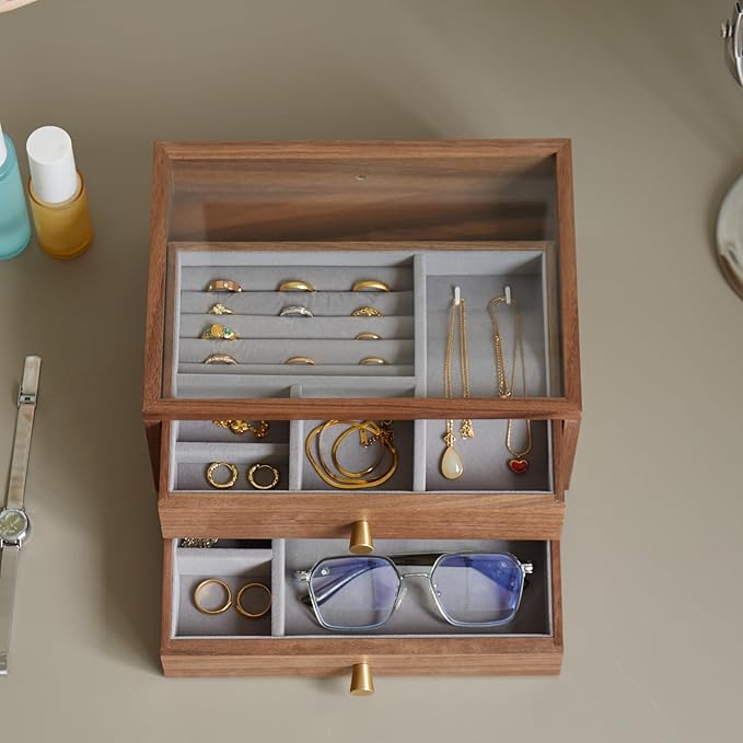 Black Walnut Jewelry Organizers and Storage,2 Layer Wooden Jewelry Boxes for Women,for Necklaces Ring Earring (2 Layer)