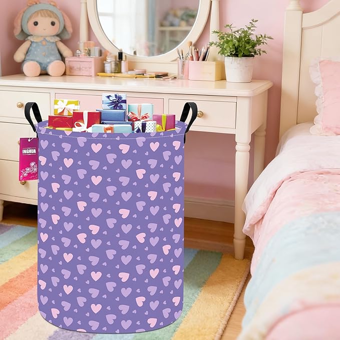 Laundry Hamper Large Canvas Fabric Lightweight Storage Basket/Toy Organizer/Dirty Clothes Collapsible Waterproof for College Dorms, Boys and Girls Bedroom,Bathroom(Purple hearts)
