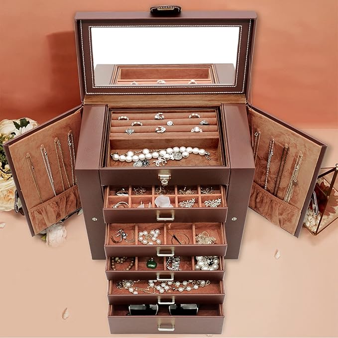 AKOZLIN Extra Large 6-Tier Jewelry Box Organizer with Mirror, 5 Drawers Leather Jewelry Storage Case for Women Girls Ring Necklace Earring Bracelet Brown