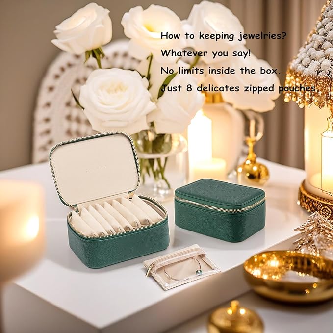 VLANDO Travel Jewelry Box Organizer – Portable PU Leather Jewelry Case with 6/8/12 Zippered Pouches, Compact Storage for Earrings Rings Necklaces Bracelets, Dark Green