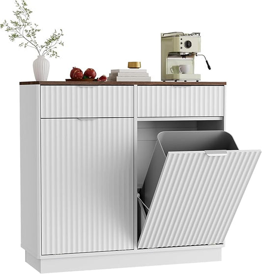 Double Tilt-Out Trash Cabinet, Laundry Hamper Cabinet with 2 Drawers, 39.4W x 34.3H x 13.8D inches, Walnut+White, Wave-Textured Front.