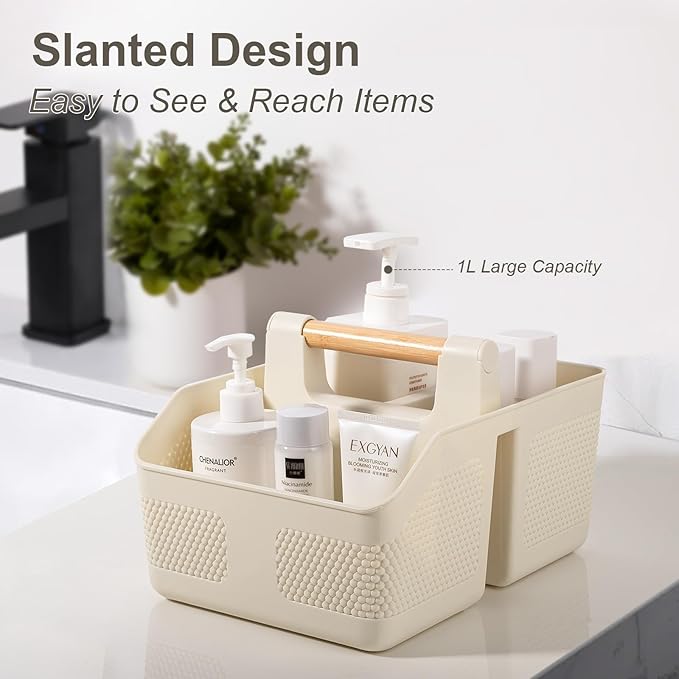 rejomiik Shower Caddy Portable with Bamboo Handle, Plastic Basket Cleaning Caddy Organizer Storage Tote for Bathroom, College, Dorm Room Essentials, Cream