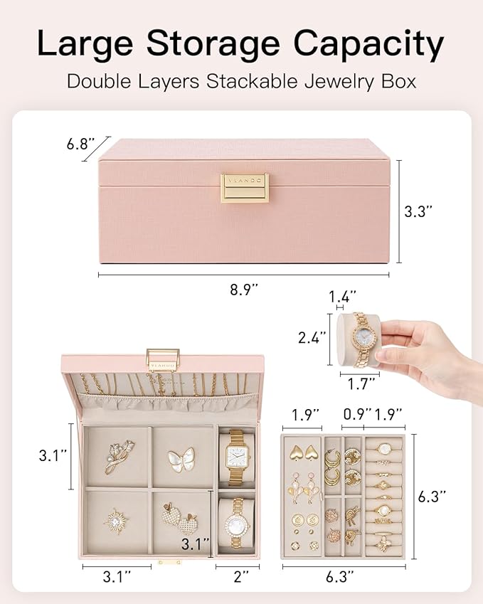 VLANDO 2 Layer Jewelry Box Large Jewelry Organizer for Mothers Day Mom Gifts Jewelery Tray with Watch Pillow for Necklace Earrings Rings Bracelets Jewelry Boxes for Holidays Gifts (Pink)