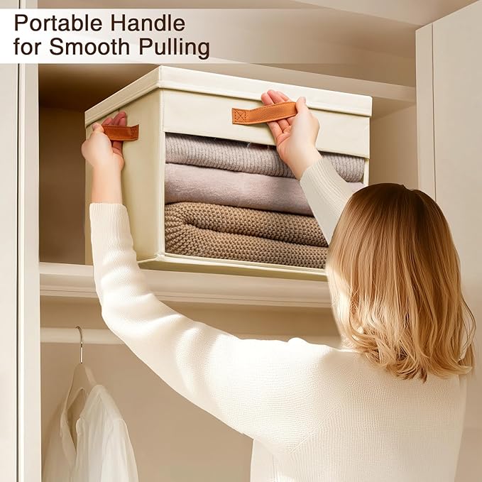 Homsorout Large Storage Bins with Lids - 6 Pack Foldable Decorative Organizers with Clear Windows & Handles, Cube Storage Organizers for Clothes, Blankets, Sweaters, CD, Beige