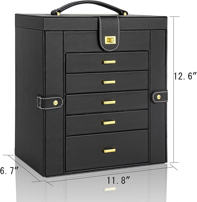 AKOZLIN Huge Jewelry Box Organizer Functional Extra Large Leather Jewelry Storage Case for Women Girls Ring Necklace Earring Bracelet Holder Organizer with Mirror Black