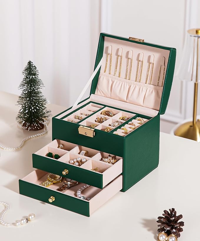 Homde Mothers Day Gifts Small Girls Jewelry Box with Lock: 3 Layer Organizer with Removable Tray - Storage for Ring Necklace Earring - Birthday & Return Gifts for Young Women (Midnight Green)