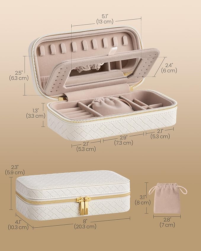 SONGMICS HOME Travel Jewelry Case, Jewelry Organizer Box with Mirror, Jewelry Pouch, Woven Embossed PU Leather, Portable Jewelry Storage, Gift Idea, Cloud White UJBC197W01