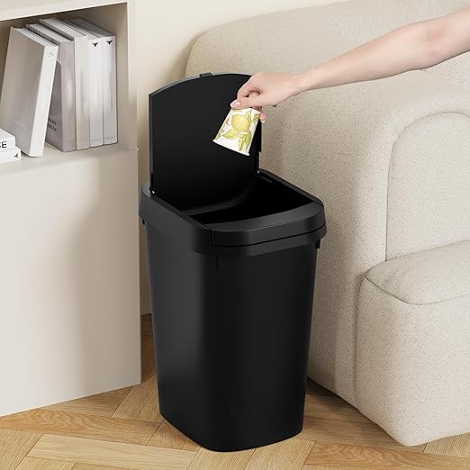 KSSKSS 3 Pack Bathroom Small Trash Can with Lid, 2.6 Gallon Slim Garbage Bin with Pop-Up Lid, 10L Plastic Wastebasket for Bedroom, Office, Kitchen, Toilet (Black)