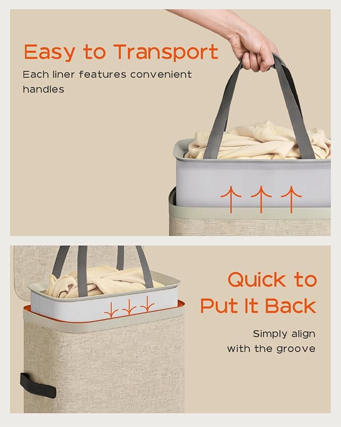 CASAMAYA Laundry Basket with Lid, Laundry Hamper 100L, collapsible Laundry Organizer, Easy Assembly, with Handles and Removable Liners, 16.5 x 12.6 x 29.5 Inches, Beige JSP902M