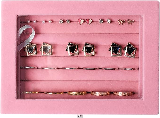 Frebeauty Rings/Earring Organizer Tray with Clear Lid,7 Slots Ring Box Velvet Ring Holder Drawer Insert Jewelry Storage Box Jewelry Display Case Jewelry Box Gift for Women and Girls(Pink,7 Slots)