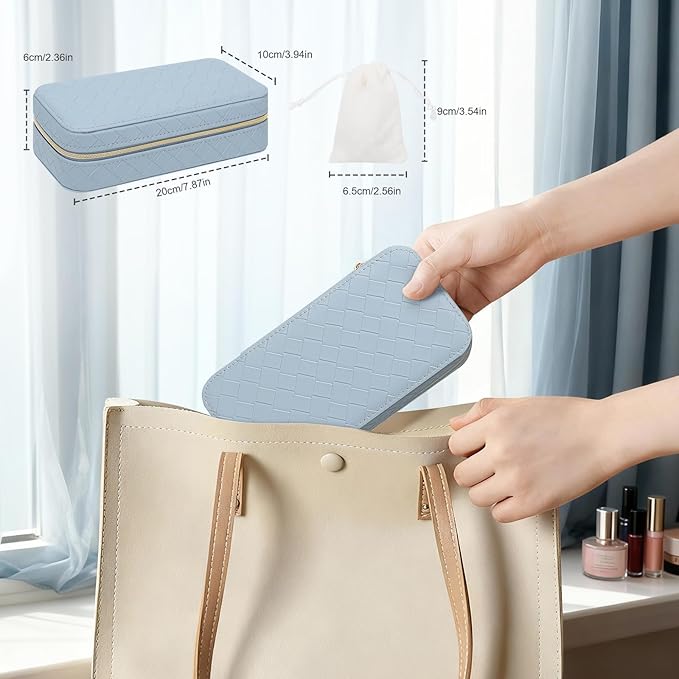 DesignSter Travel Jewelry Case, Woven Embossed PU Leather Jewelry Organizer with Mirror, Small Portable Jewelry Box for Women Rings Necklaces Bracelets Earrings