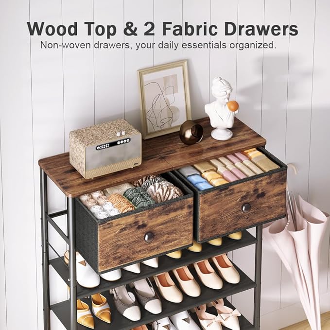INGIORDAR Shoe Rack Organizer 5 Tier Metal Organizer Shelf with Industrial MDF Board and Layer Fabric for Entryway Closet Bedroom Living Room Garage (Black+Rustic Brown, 4 Tier with 2 Drawers)