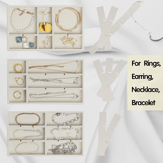 Set of 8 Stackable Jewelry Organizer Trays with 1 Lid for Drawer & Dresser Organizer, Adjustable Velvet Jewelry Box Tray Earring Organizer Necklace Storage Ring Bracelet Display Case (Beige)