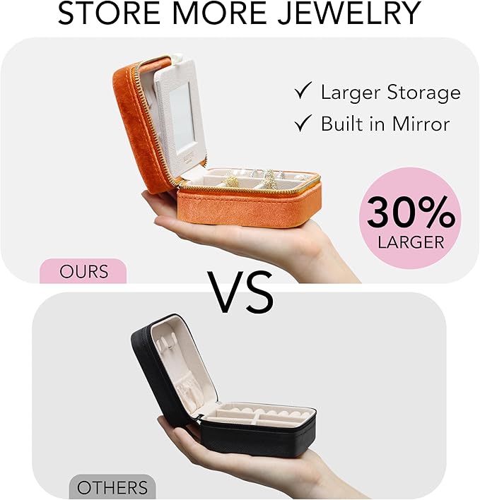BLUTETE Travel Jewelry Box Organizer Velvet Travel Case With Mirror Rings Earrings Necklaces Storage Organizer Box (Orange)