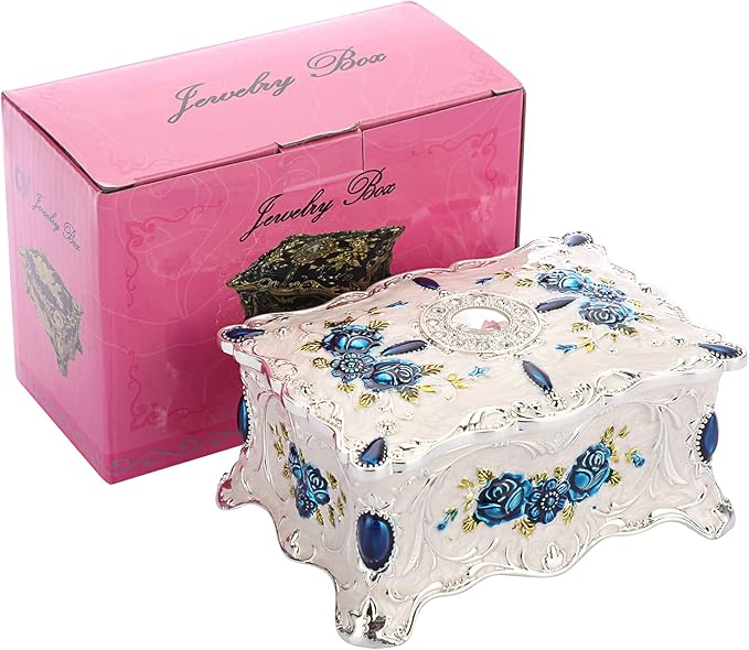 Hipiwe Vintage Metal Jewelry Box Trinket Organizer Box Jewelry Organizer for Women Jewelry Display Home Decor Unique Gift Silvery Medium