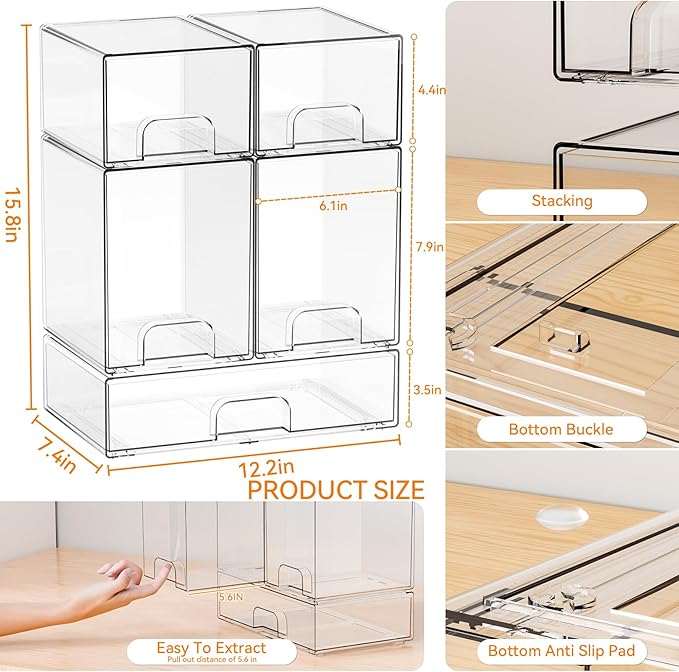 Yieach 5 Set Clear Baby Bottle Organizer for Countertop,BPA FREE Bottle Station Organizer for Breast Pump Parts,Pacifier and Baby Accessories,Stackable Drawers for Bathroom,Cabinet,Pantry Organization