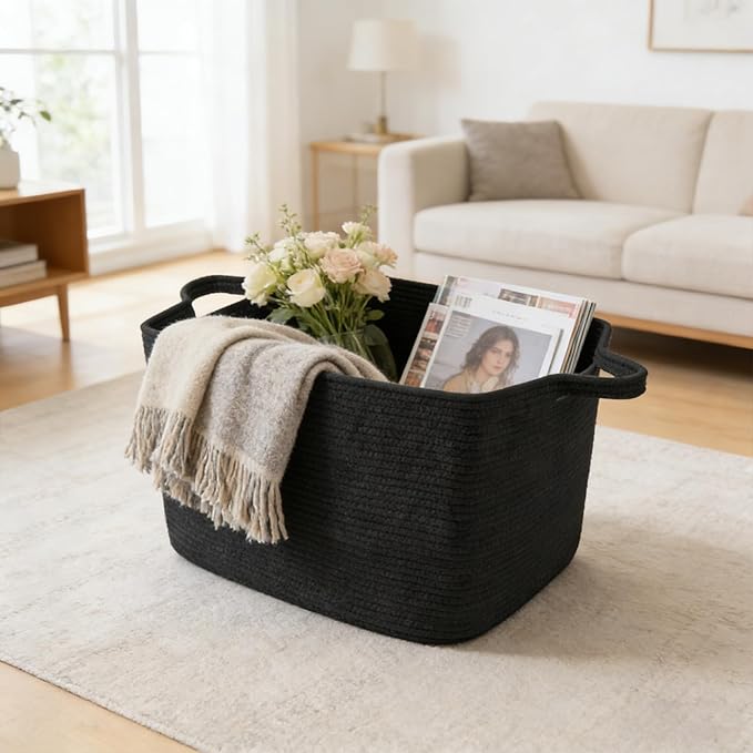 Large Blanket Basket,Woven Rope Basket Storage Bin with Handles,65L Rectangle Laundry Basket for Magazines,Toys,Clothes,Newspaper Shelf Organization,Nursery and Living Room,Black
