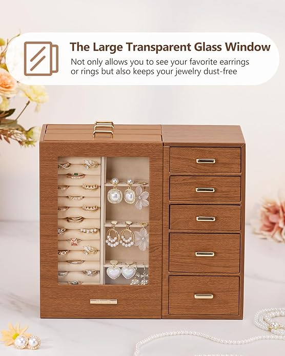 Homde Large Jewelry Box/Organizer/Case with Glass Window, Drawers for Necklaces Earrings Rings Bracelets Watches Gift for Women Girls