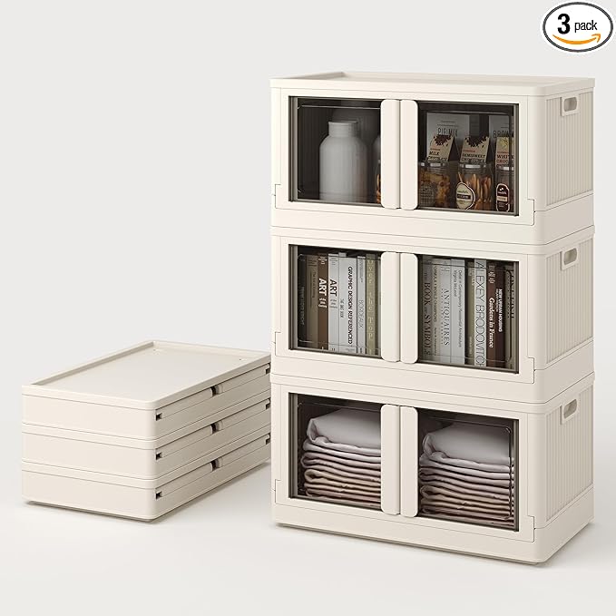 FLEXIMOUNTS 228 QT Stackable Storage Bins With Lids, Collapsible Plastic Storage Bins With Doors and Built-in Wheels For Home Dorm Closet Organizers and Storage, 3 Pack Cubes, Milky White