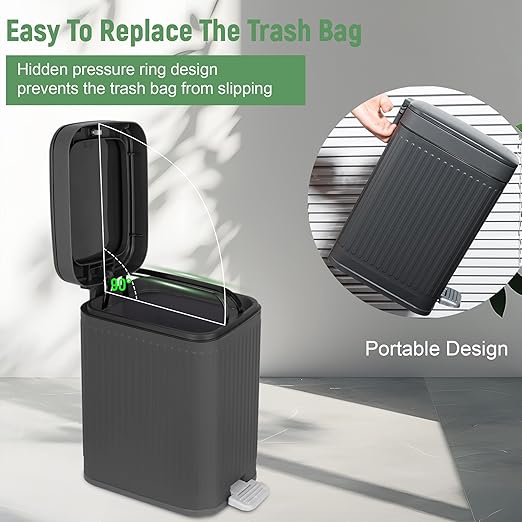 rejomiik Small Bathroom Trash Can with Lid Slim Soft Close Garbage Can Step Wastebasket Container Trash Bin for Office Bedroom Kitchen Living Room (1.9 Gallon Dark Gray)