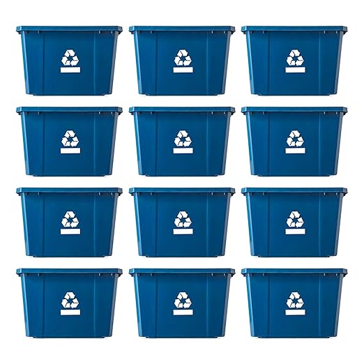 Gracious Living Medium Curbside Blue Box, Plastic 17 Gallon/64 Litre Home Trash Can Refuse and Recycling Bin Container with Built-in Handles (12 Pack)