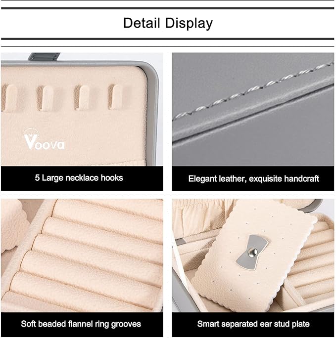 Voova Jewelry Box Organizer for Women Girls, 2 Layer Large Men Jewelry Storage Case, PU Leather Display Jewellery Holder with Removable Tray for Necklace Earrings Rings Bracelets (Grey, Small)