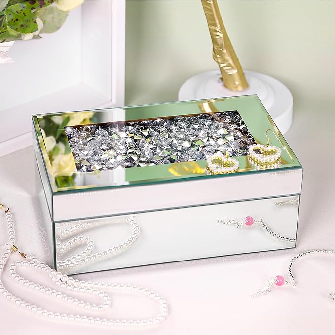 Luxury Mirrored Jewelry Box with Crushed Diamond - Glass Jewelry Box Organizer Storage for Women, Ring Holder Case for Dresser and Decorative
