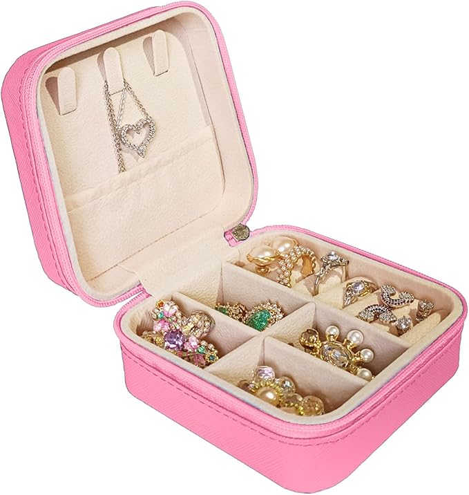 Small Travel Jewelry Box, Portable Mini Jewelry Leather Box Jewelry Ring Organizer Case Storage Holder Gift Boxes for Girls Women, Rose pink