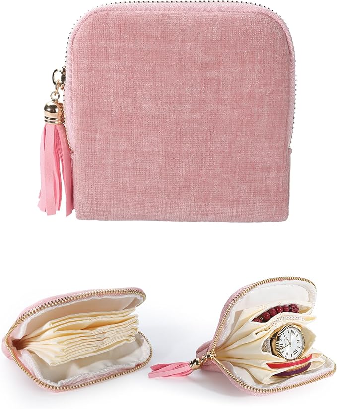 COOLYOUTH Travel Jewelry Case Organizer for Women Portable Jewelry Box with Small Pouches Mini Jewelry Bag for Rings, Bracelets, & Bangles with Smooth Metal Zipper (Pink)