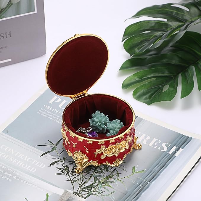 Hipiwe Vintage Metal Jewelry Box - Small Trinket Organizer Ring Box Case with Rose Pattern Jewelry Storage Box for Ring Earrings Necklace, Keepsake Box for Women,Red