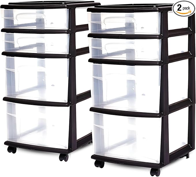 HOMZ 2-Pack Drawer Tower, 4-Tier Clear Plastic Storage Organizer Cart, Black Frame - Organizing Containers with Wheels for Home, Bathroom, Bedroom, Office, and Classroom