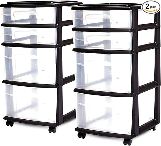 HOMZ 2-Pack Drawer Tower, 4-Tier Clear Plastic Storage Organizer Cart, Black Frame - Organizing Containers with Wheels for Home, Bathroom, Bedroom, Office, and Classroom