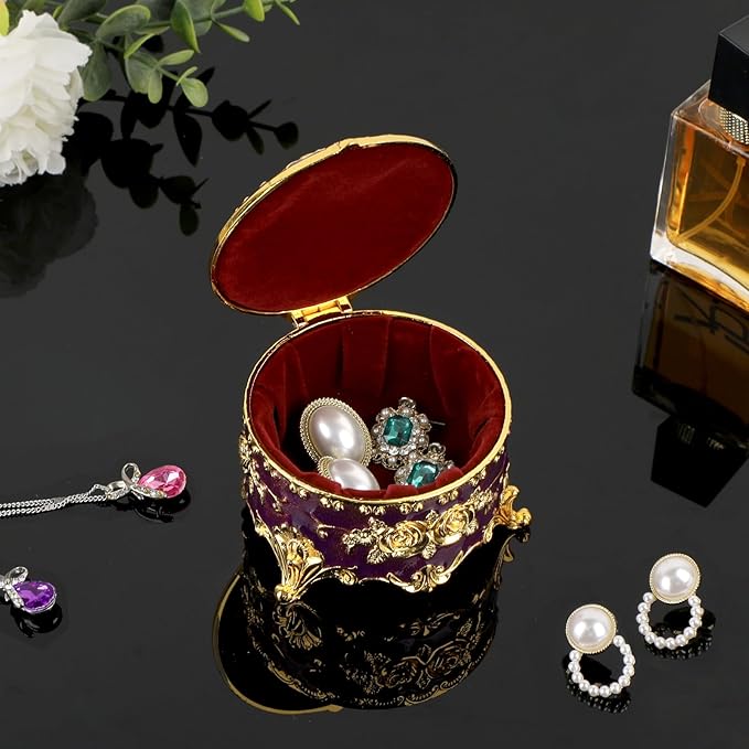 Hipiwe Vintage Jewelry Box Small Trinket Storage Organizer Box Gold Metal Chest Ring Case Treasure Chest Round Keepsake Boxes for Earrings Necklace Gift for Women,Purple