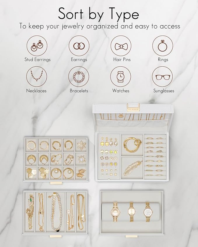 VLANDO 4 Layer Large Jewelry Box - Jewelry Holder Organizer, Jewelry Box Organizer for Drawer Necklace Ring Bracelet and Watch, Birthday Gift for Loved Ones - Beige