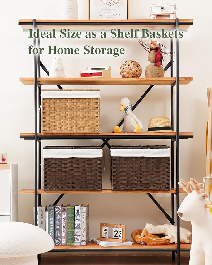 SETVSON Storage Basket with Lid Woven Wicker Baskets with 2 Separate Lid, 9.2 Gallon (35 L) Wicker Storage Bins with Handles, Foldable and 2 Removable Liner Bags for Bedroom, Laundry Room Brown