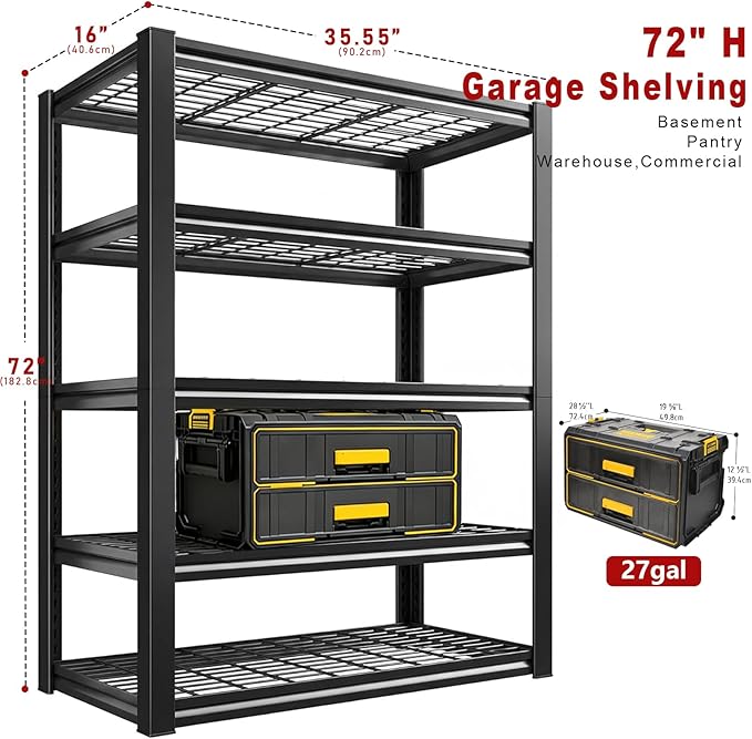 72H Storage Shelves Heavy Duty,2800 LBS Garage Storage Shelves,5-Tier Adjustable Metal Shelving,for Garage,Warehouse,Basement,Pantry,16"x35.5"x72"