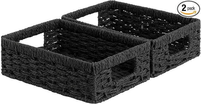 StorageWorks Paper Rope Storage Baskets, Small Wicker Basket for Organizing, Pantry Organizers and Storage, Black, 2-Pack