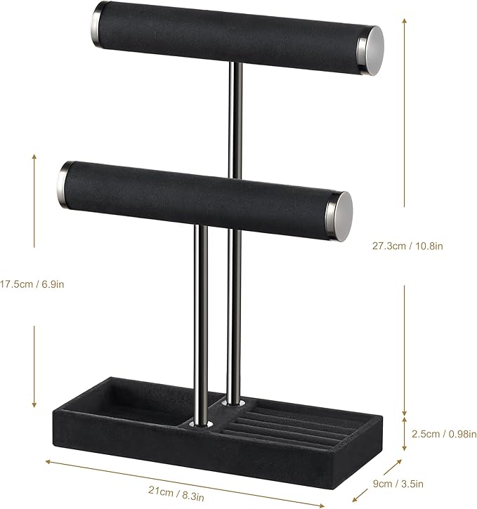bussdis 2 Tier Bracelet Holder Display - Detachable T Bar Black Velvet Bracelet Holder, Jewelry Holder Organizer for Bracelet, Necklace, Earrings, Rings